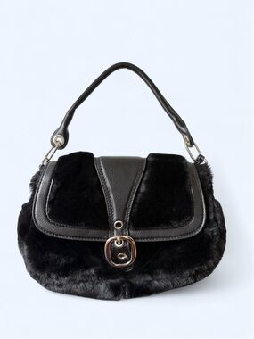 Elegant Black Faux-Fur Shoulder Bag with Buckle Accent